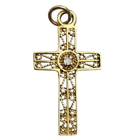 14K Yellow Gold Diamond Chip Filigree Cross Pendant - Picture 1 of 11
